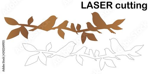 Laser cut of birds on a branch. Modern decorative element for interior. Laser cutting branches with silhouette of birds.