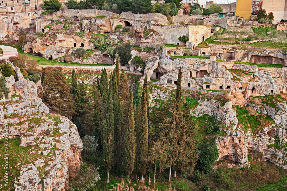 Gravina in Puglia, Bari, Italy: the ancient cave houses in the ravine wall
