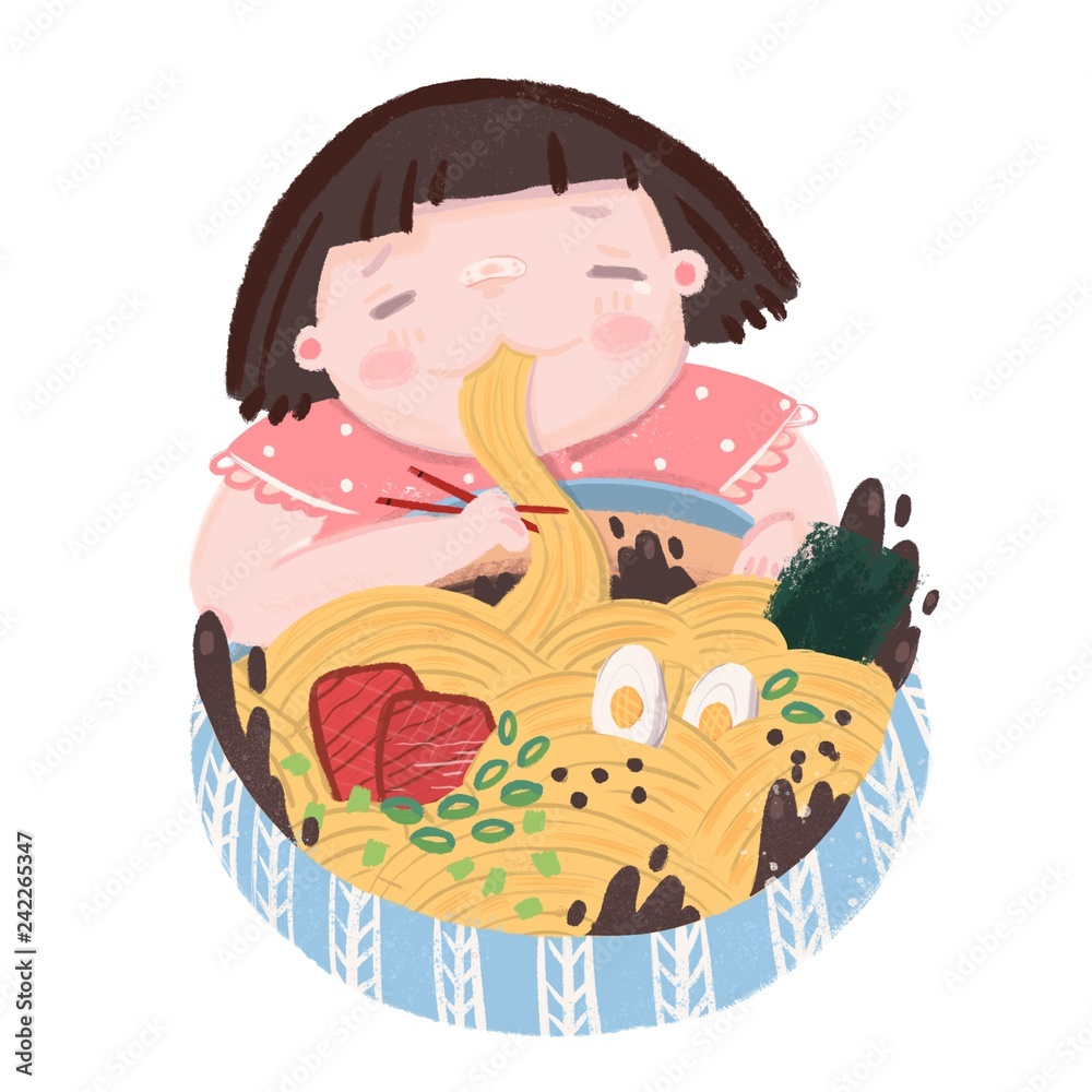 Cute girl eats noodles with chopsticks. Tasty ramen bowl. Noodle soup with  eggs and meat. Hand drawn colored illustartion Stock Illustration | Adobe  Stock