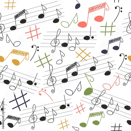 Cute musical vector seamless pattern, colorful hand drawn pink elements on bright neutral background. Cute music notes, bass key, clef, sheet music. 