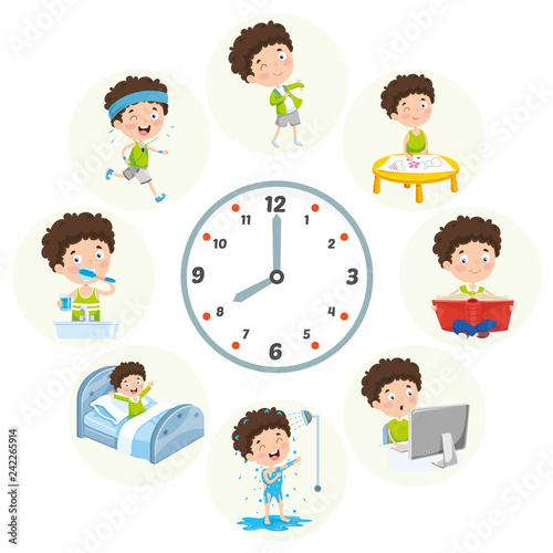 Vector Illustration Of Kids Daily Routine Activities