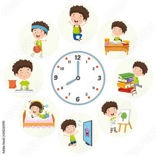 Vector Illustration Of Kids Daily Routine Activities