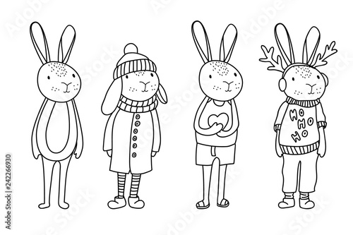 Funny bunny characters in cartoon style