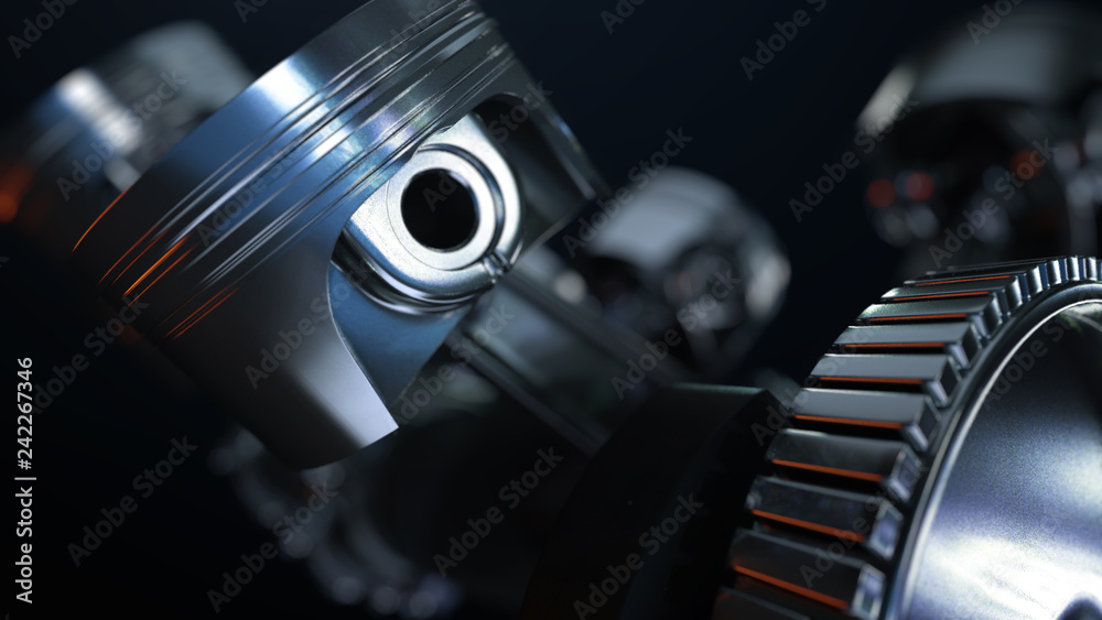 3D illustration of car engine, concept of modern vehicle motor with metal, chrome parts, heavy industry