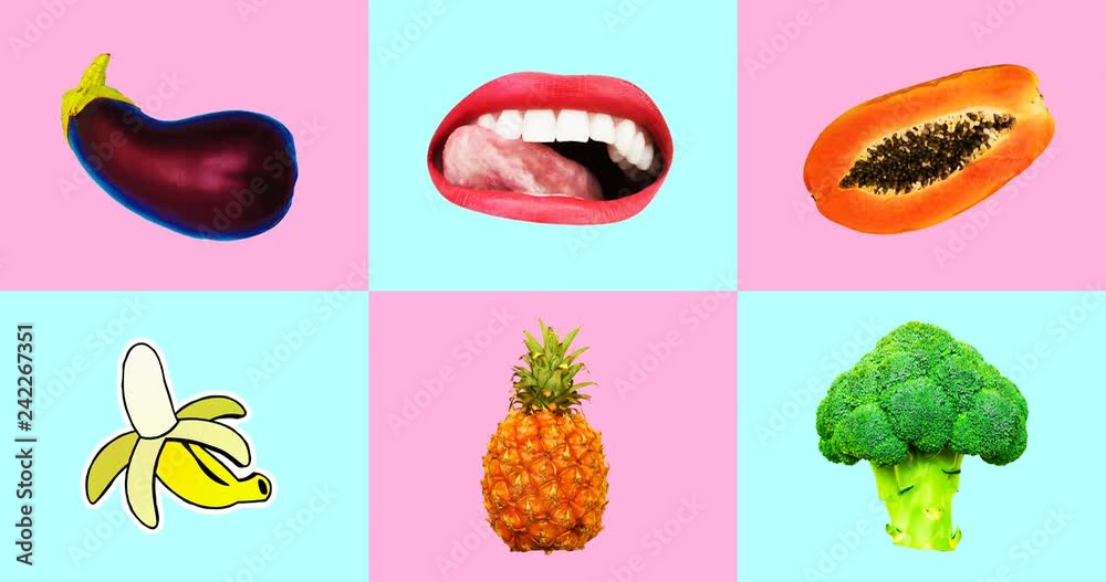 Minimal animation gif set. Funny Lips and fruits. Vegan style. Fruits lover