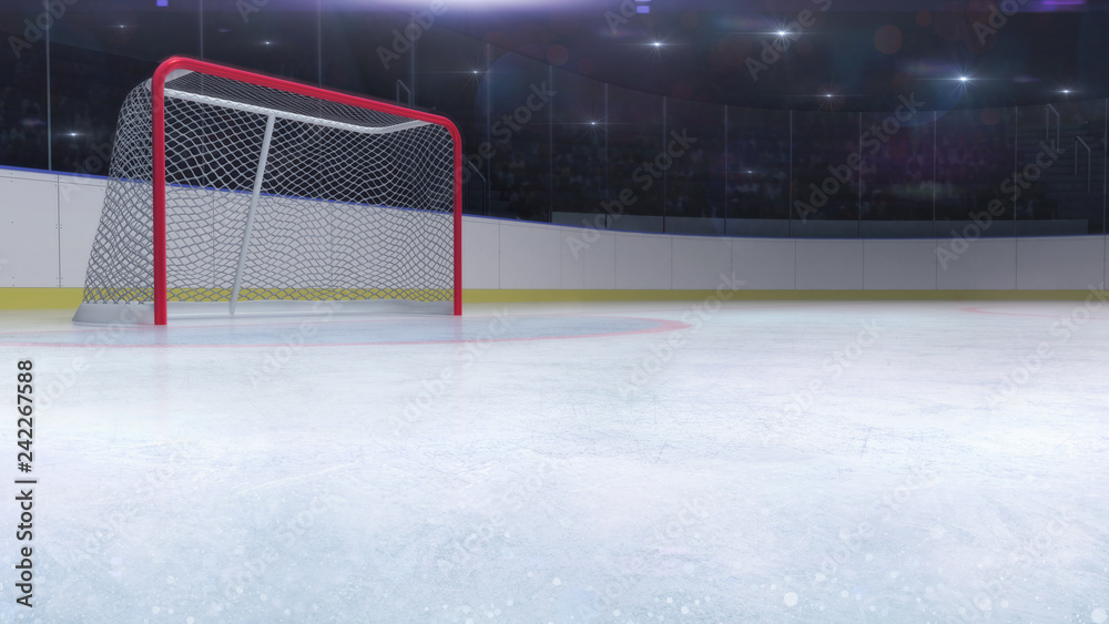 Fototapeta premium ice hockey stadium with goal red gate and blank copy space front, hockey and skating stadium indoor 3D render illustration background