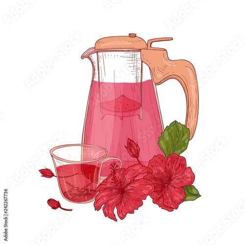 Composition with hibiscus tea in glass jug, cup, roselle flowers and leaves isolated on white background