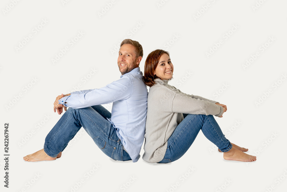 Young attractive smiling couple thinking of future or past together isolated on white and copy space Young attractive smiling couple thinking of future or past together isolated on white and copy space