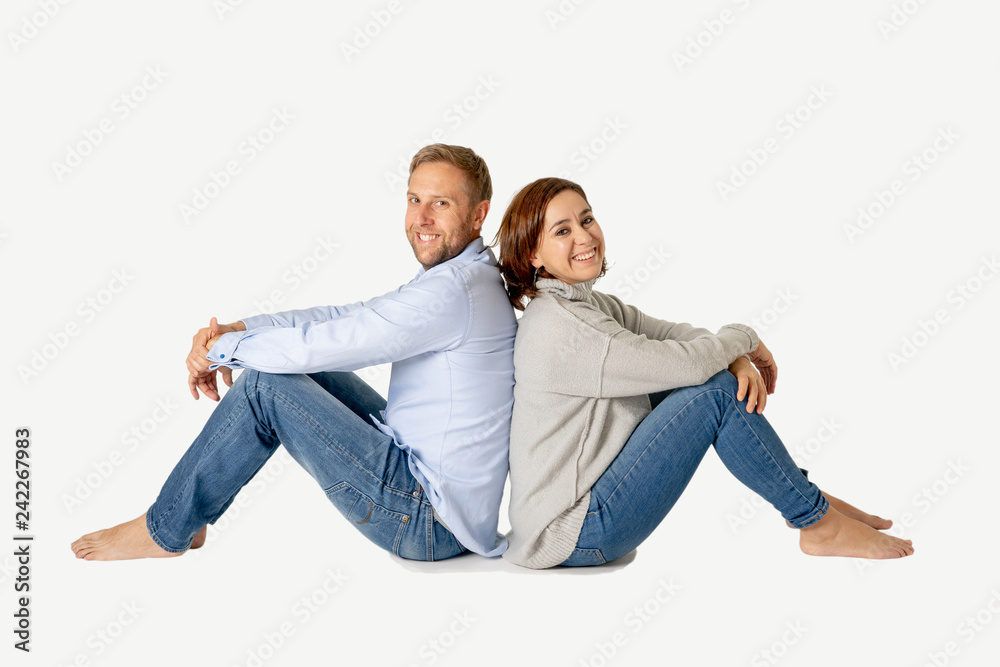 Young attractive smiling couple thinking of future or past together isolated on white and copy space Young attractive smiling couple thinking of future or past together isolated on white and copy space