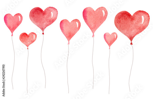 Watercolor vector card with flying balloons in the form of hearts.