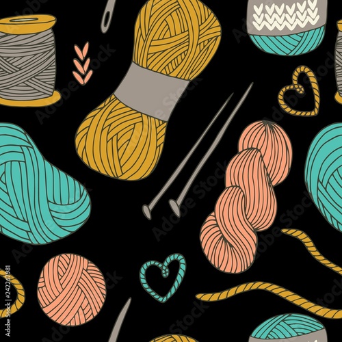 Knitting yarn balls seamless pattern in hand drawn style