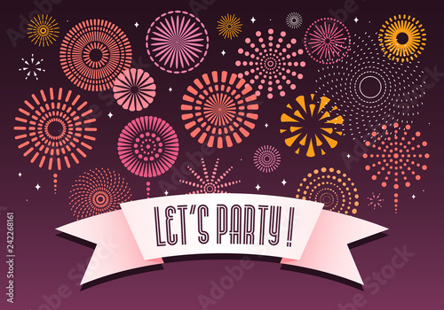 Colorful fireworks on dark background, with text Lets party on a ribbon. Vector illustration. Flat style design. Concept for holiday banner, poster, flyer, greeting card, decorative element.