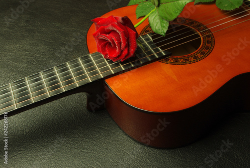Classical Spanish guitar and red rose