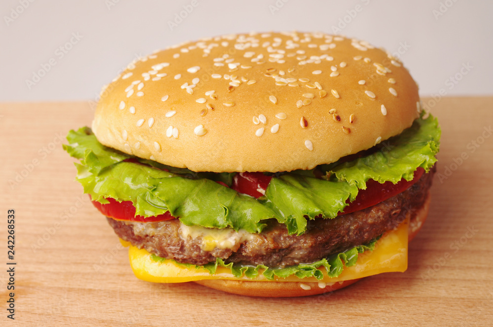Hamburger with meat and lettuce