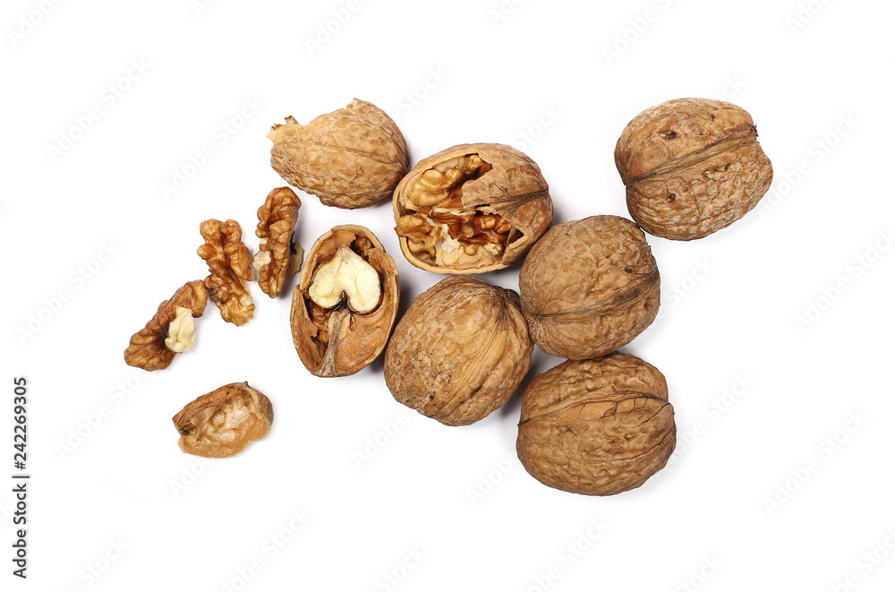Walnuts, isolated on white background, top view Walnuts, isolated on white background, top view