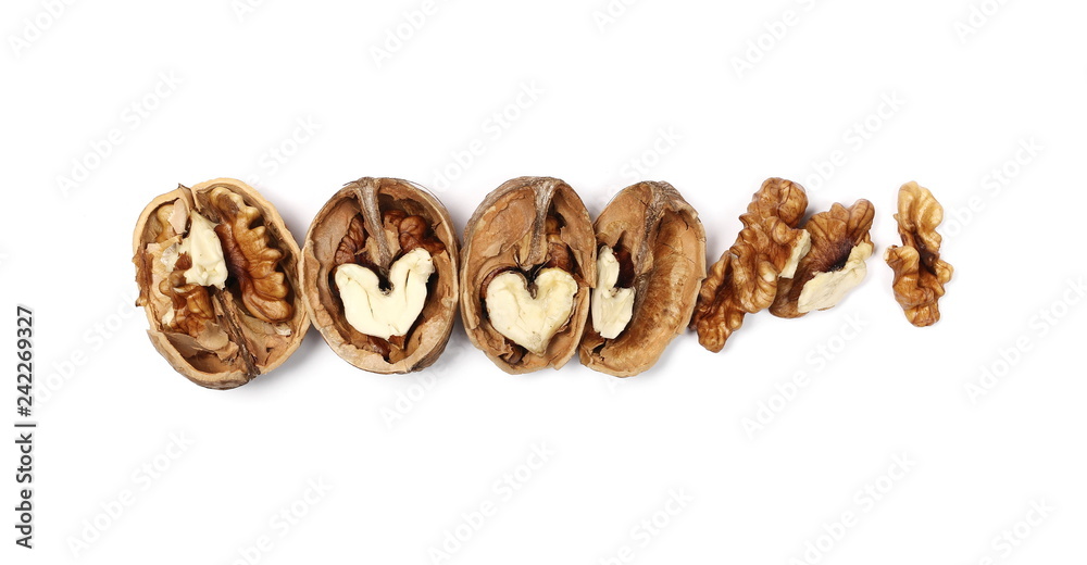 Walnuts, isolated on white background, top view Walnuts, isolated on white background, top view