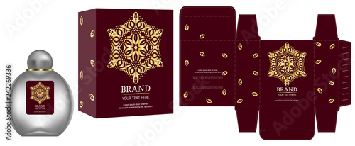 Packaging design, Label on cosmetic container with red and gold luxury box template and mockup box. illustration vector.	