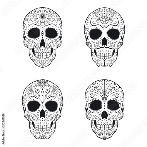 Set Day of The Dead Sugar Skulls with detailed floral ornament. Mexican symbol calavera collection