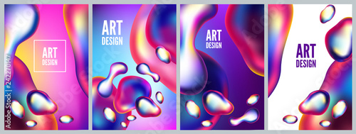 Abstract metal elements with an iridescent color effect backlit. Set backgrounds and posters of liquid bubble. Modern 3d vector illustration. Template for design, flyer or presentation.