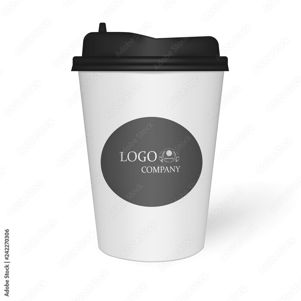 Disposable to go coffee cup with lid and brand identity sticker, mockup