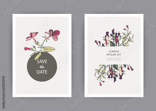 Botanical wedding invitation card template design, hand drawn fuchsia pink flowers  leaves circle frame, pastel vintage rural theme white background, minimalist vintage style, vector illustration