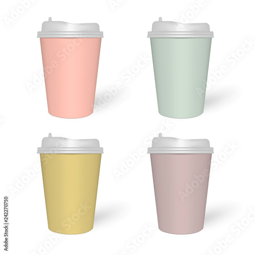 Colored paper to go coffee cup with lid isolated on white, mockup set