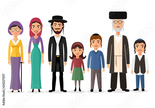 Happy big jewish family together cartoon concept vector illustration isolated on white