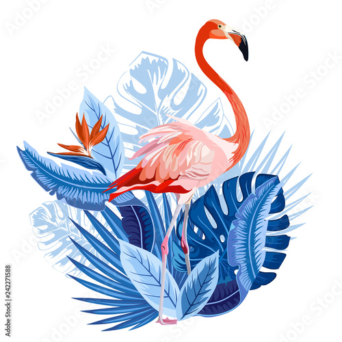 Pink flamingo and tropical palm leaves, plants, bird of paradise.  Vector illustration isolated on white background. 