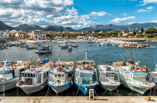 Fishing boats in the small harbor of Isola delle Femmine or Island of Women, province of Palermo, Sicily, Italy