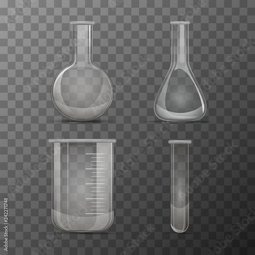 Different transparent vials and flasks for chemicals experiments