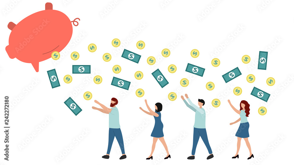 Large piggy bank flies away, money falls, small people run and catch coins and bills. Vector flat business illustration. Large piggy bank flies away, money falls, small people run and catch coins and bills. Vector flat business illustration.