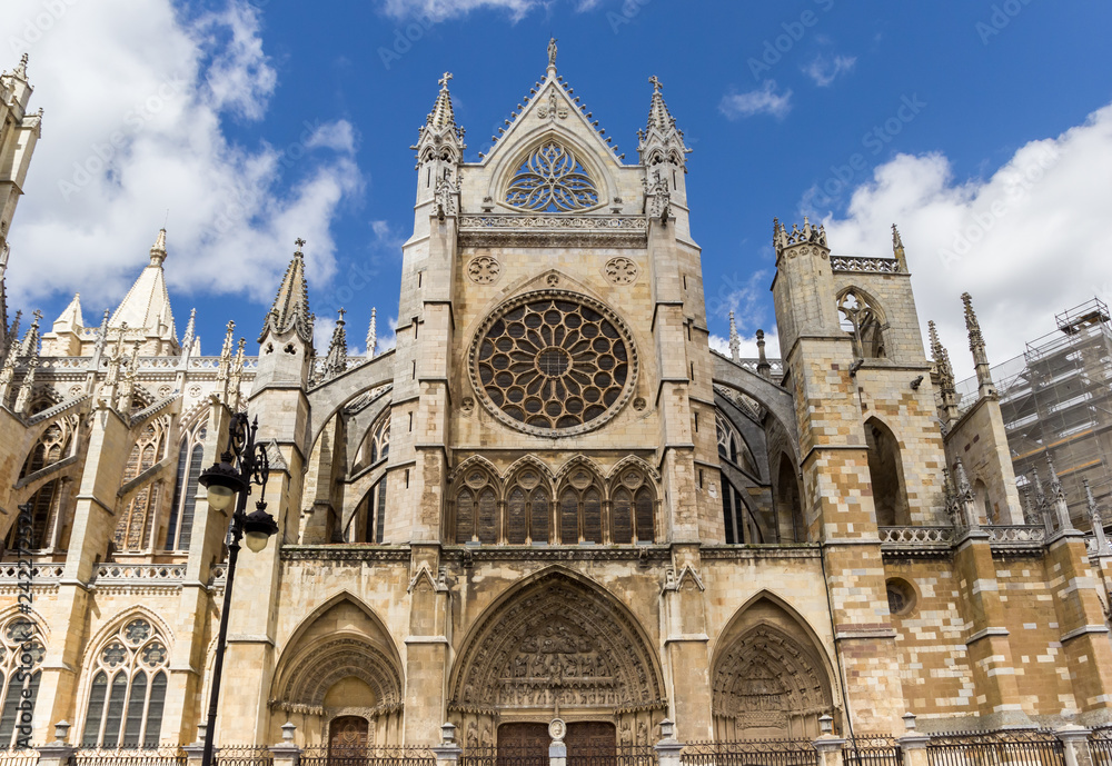 Front view of the cathedral in Leon, Spain