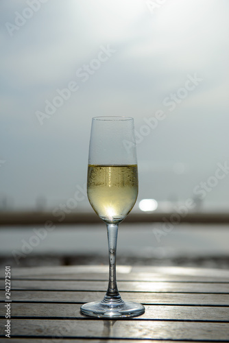 champagne glass with blurred sea and sky background