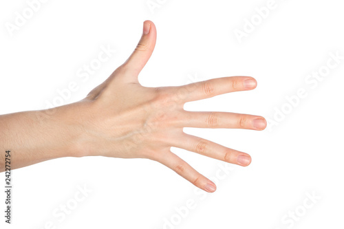 Woman hand shows numder five gesture isolated on a white background