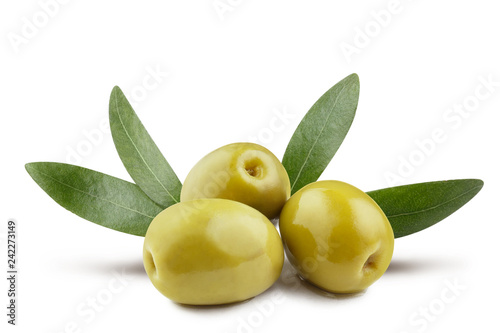 Vászonkép Green olives with leaves, isolated on white background