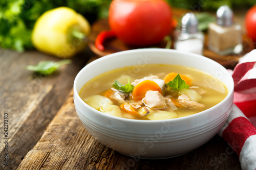 Homemade fish soup with vegetables