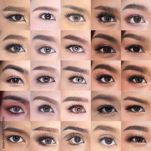 Many Brown Eyes Eyebrows set of Asian Woman 20's in fresh face, with make up in square, Group Pack Collage photo