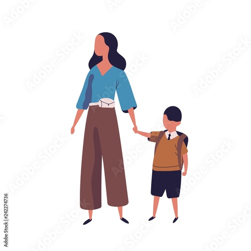 Mother leading her son to school. Portrait of modern family walking together. Parent and little pupil boy holding hands isolated on white background. Colorful vector illustration in flat style.