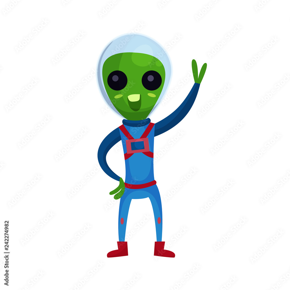 Funny green alien with big eyes wearing blue space suit waving his hand, alien positive character cartoon vector Illustration Funny green alien with big eyes wearing blue space suit waving his hand, alien positive character cartoon vector Illustration