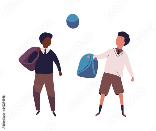 Pair of boys dressed in school uniform playing football. Students, pupils, classmates or schoolfellows kicking ball. Sports activity for kids. Colored vector illustration in modern flat style.