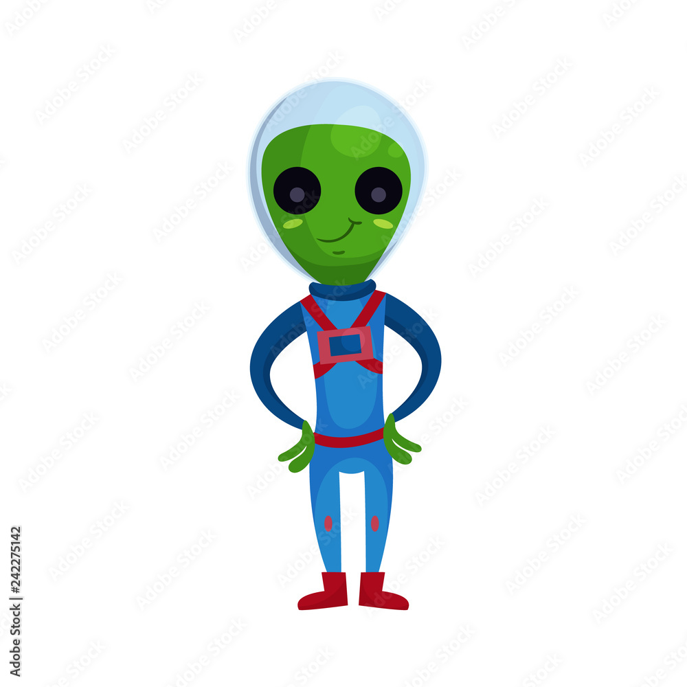 Friendly smiling green alien with big eyes wearing blue space suit, alien positive character cartoon vector Illustration Friendly smiling green alien with big eyes wearing blue space suit, alien positive character cartoon vector Illustration