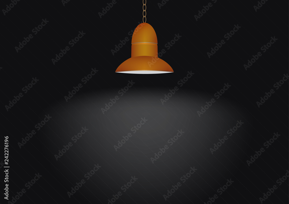 Obraz premium Hanging shining orange lamp on black background vector illustration