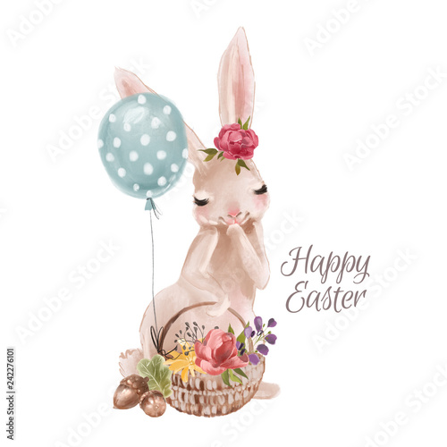 Cute hand drawn bunny with floral wreath, bouquet, flowers and tied bow in a basket with balloons photo