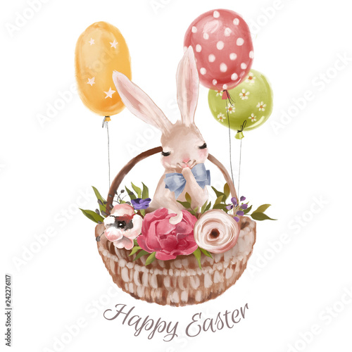 Cute hand drawn bunny with floral wreath, bouquet, flowers and tied bow with a basket photo