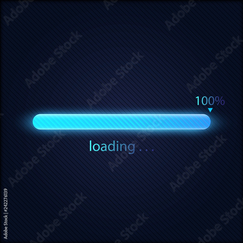 Blue progress loading bar 100% vector illustration, technology concept