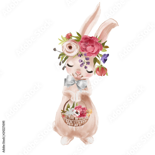 Cute hand drawn bunny with floral wreath, bouquet, flowers and tied bow with a basket photo