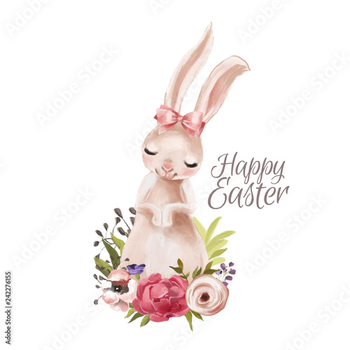 Cute hand drawn bunny with floral wreath, bouquet, flowers and tied bow photo