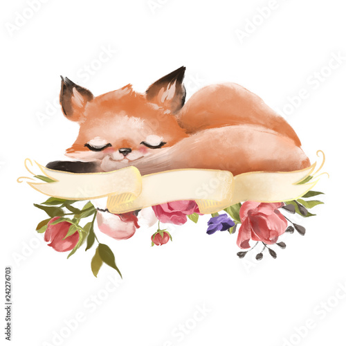 Cute hand drawn baby princess fox with floral wreath, bouquet, flowers and teal photo