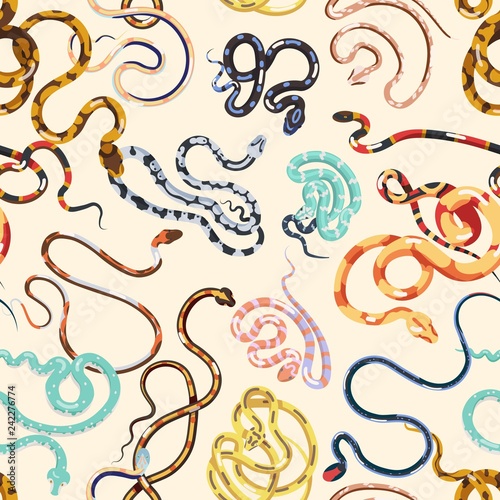Seamless pattern with various snakes or serpents on light background