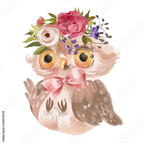 Fototapeta Naklejka Na Ścianę i Meble -  Cute hand drawn baby princess owl with floral wreath, bouquet, flowers and tied bow